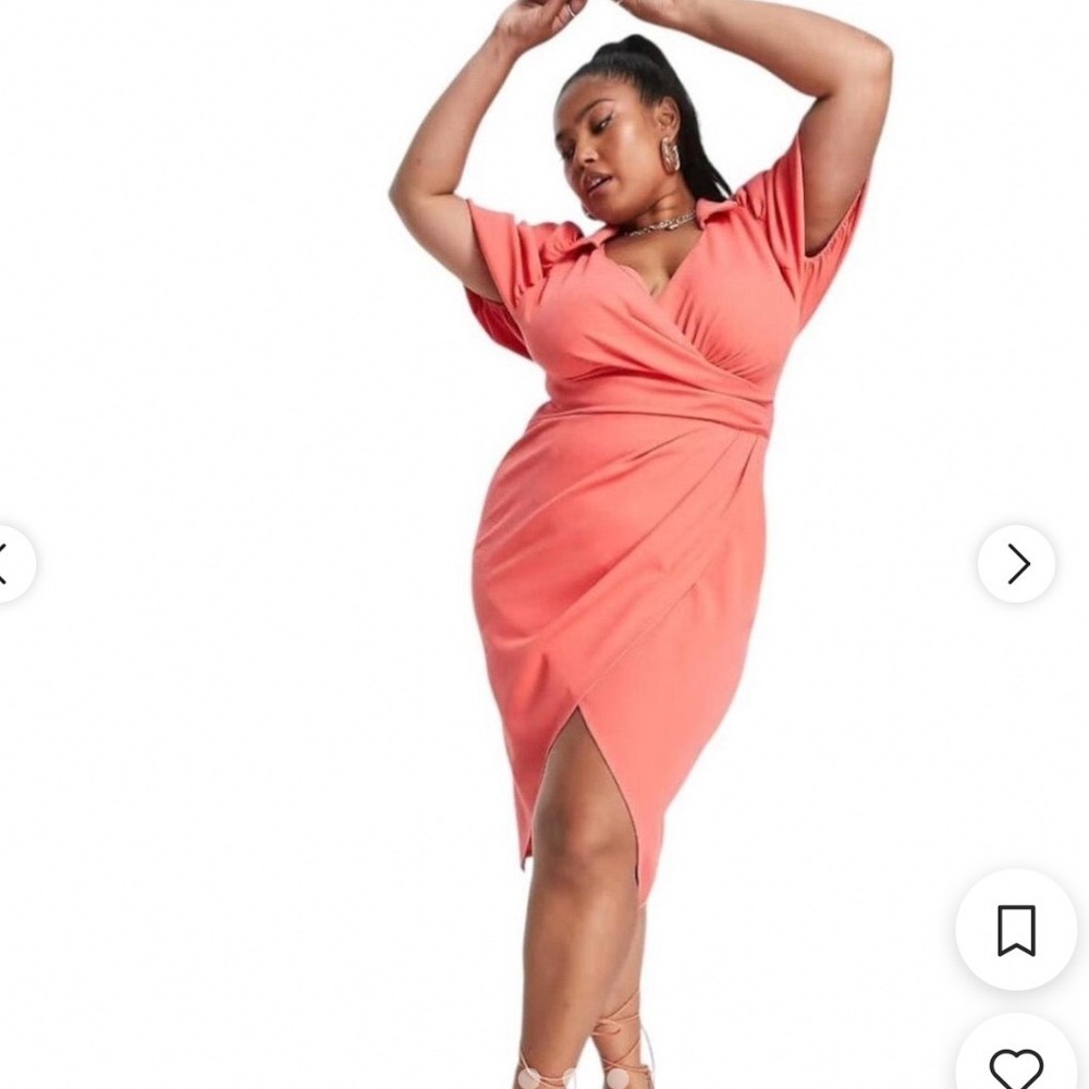 ASOS DESIGN Curve Coral Pink Wrap Front Midi Dress Puff Sleeve Size 16